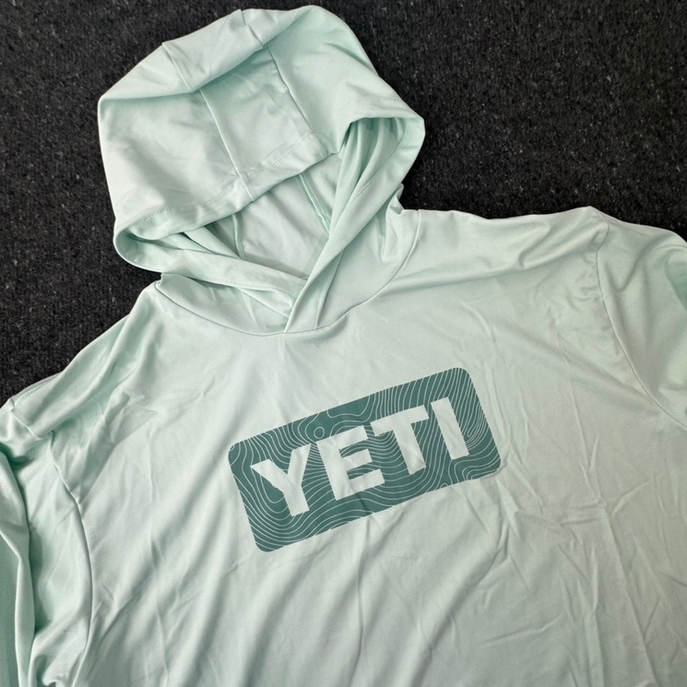YETI Sun Shirt Hoodie Mens XXL Ice Mint Green Wave Logo Topographic Fishing UPF